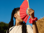 Hand-held fan coral red gingham