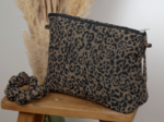 Cosmetic bag with flap mocha quilted leopard