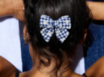 Bow tie hair slide navy embroidered gingham